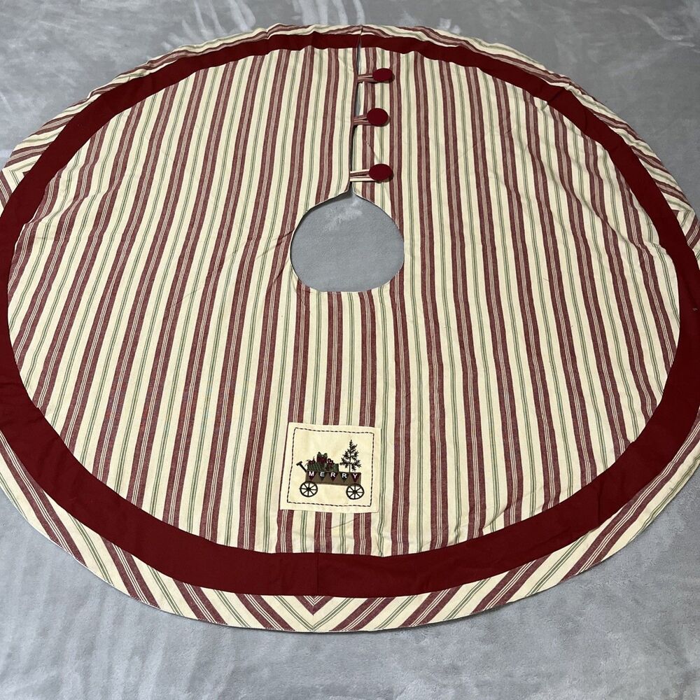 Park Designs Tree Skirt 48”Red/Green French Ticking Christmas Truck Embroidered